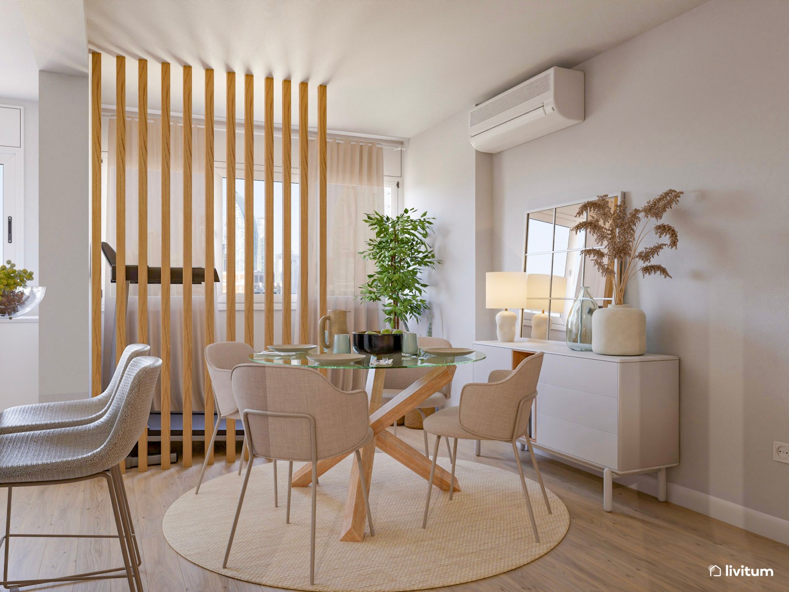 Un salón elegante y nórdico con espacio para ejercitarse 