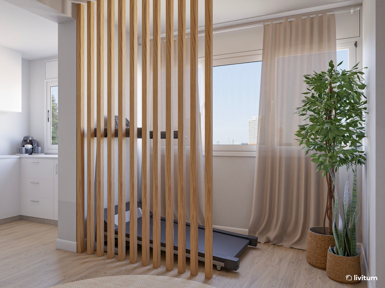 Un salón elegante y nórdico con espacio para ejercitarse 