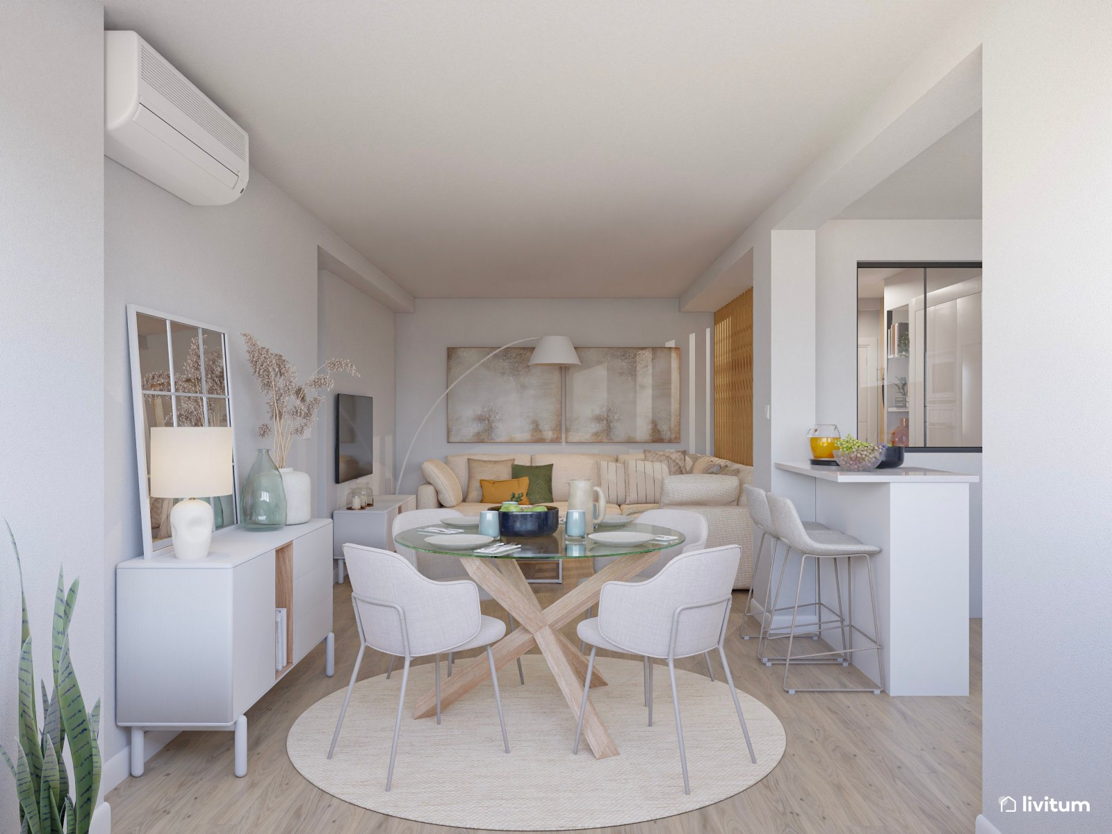 Un salón elegante y nórdico con espacio para ejercitarse 