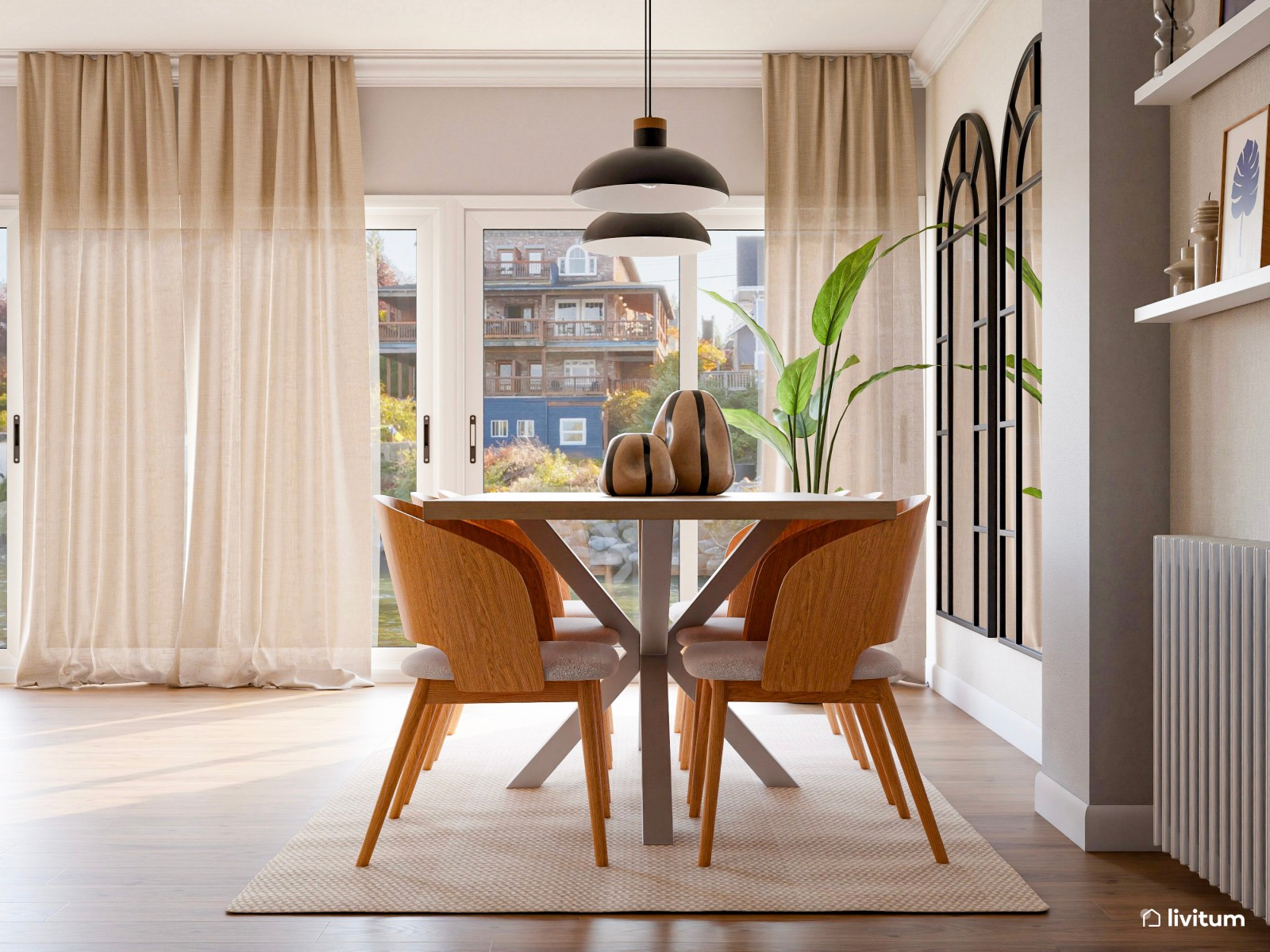 Un salón moderno y fresco con grandes espejos tipo ventana 