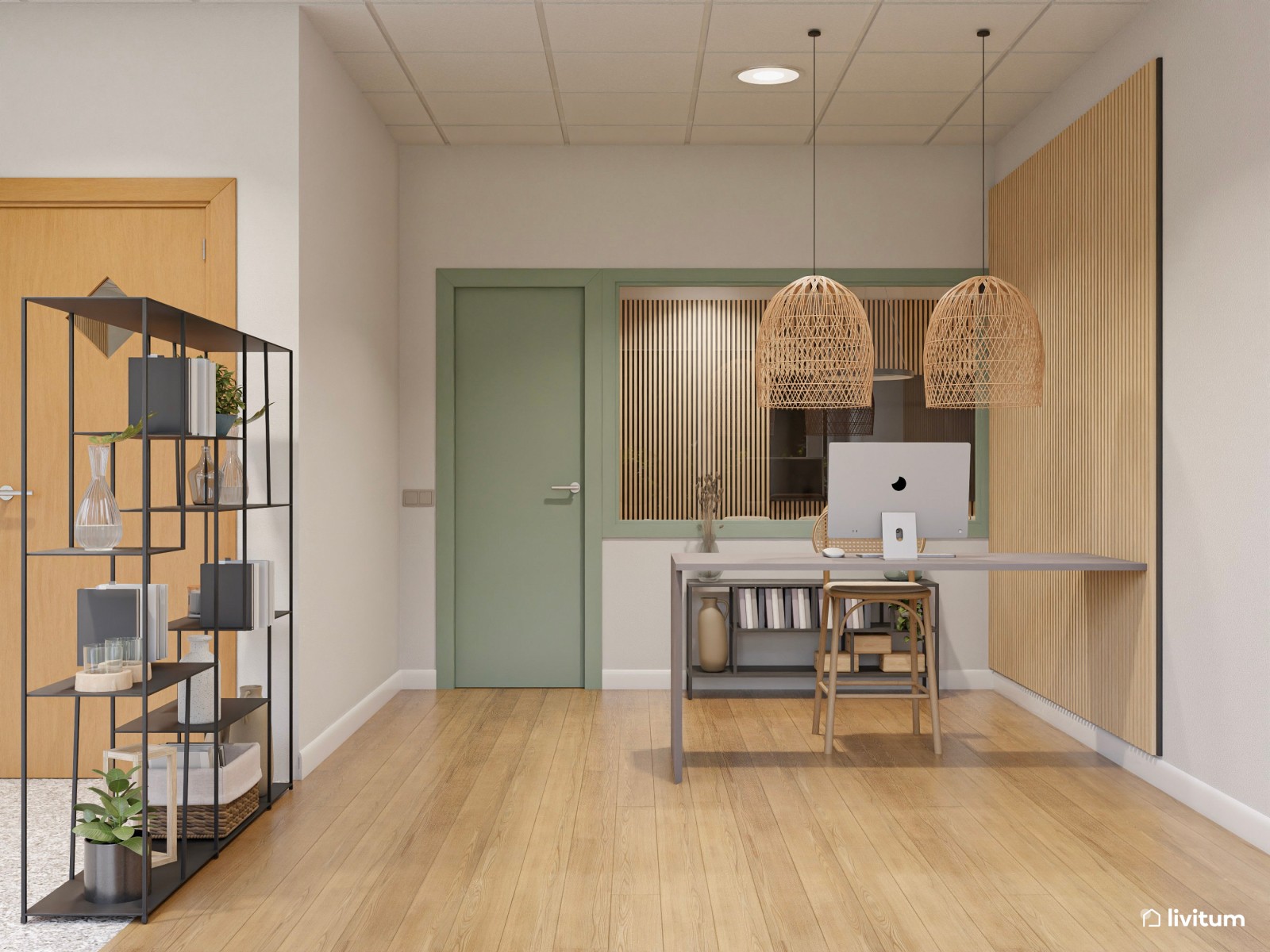 Una oficina muy serena en verde, madera y fibras naturales