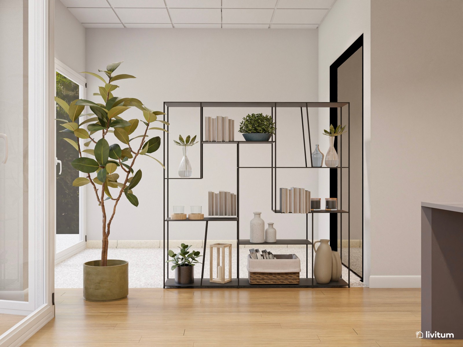 Una oficina muy serena en verde, madera y fibras naturales