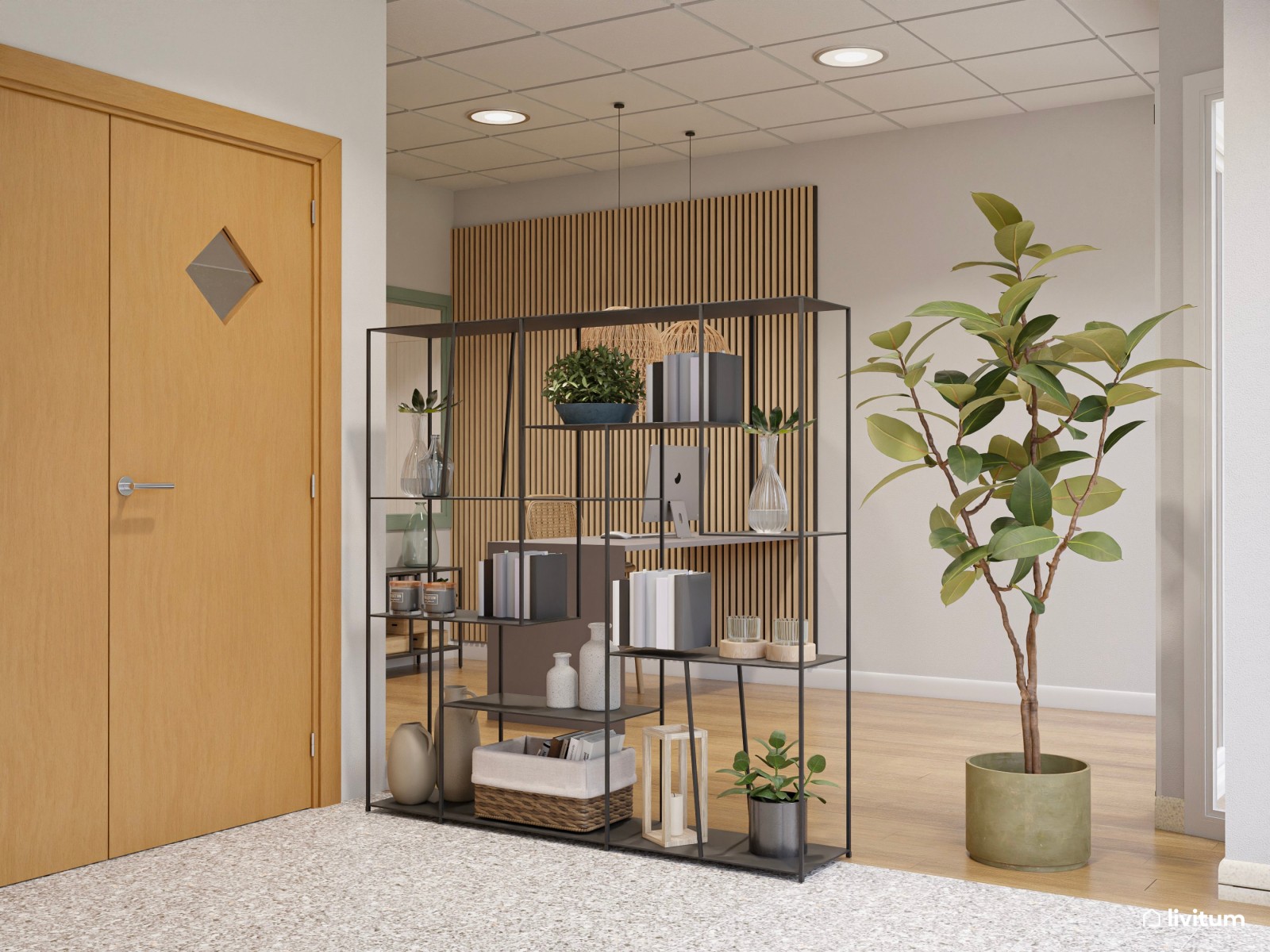 Una oficina muy serena en verde, madera y fibras naturales