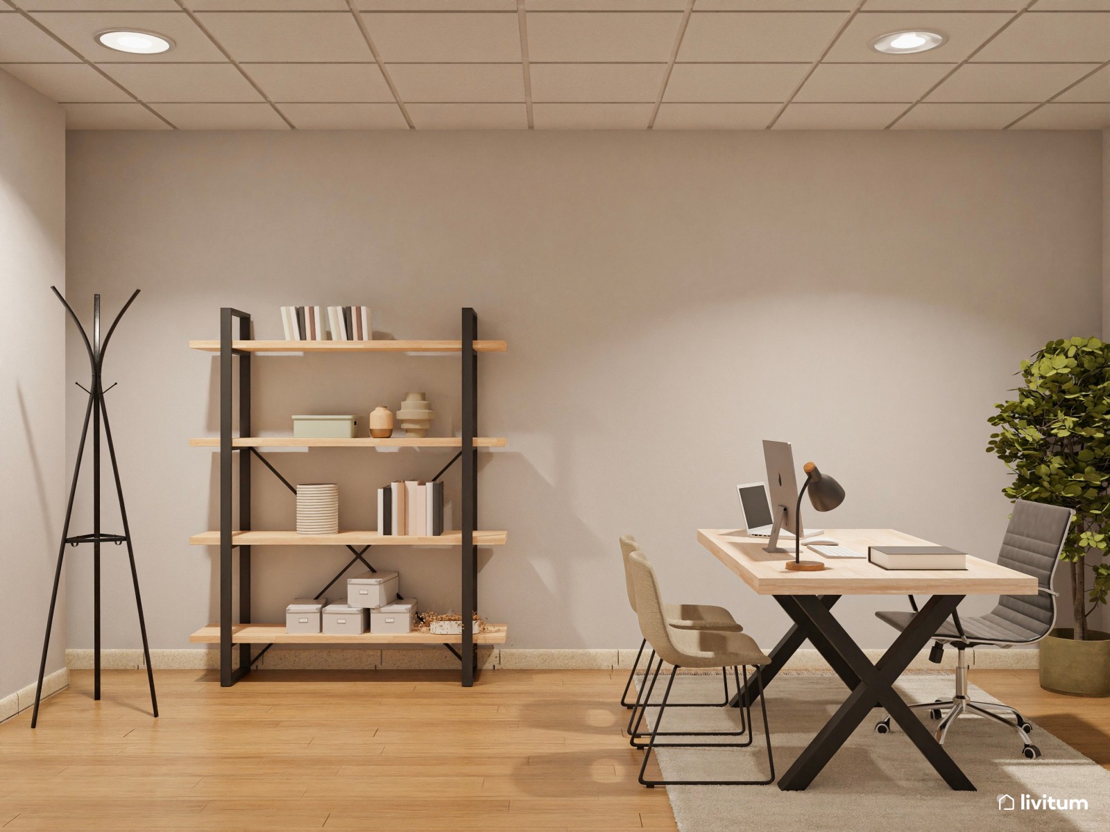 Una oficina muy serena en verde, madera y fibras naturales