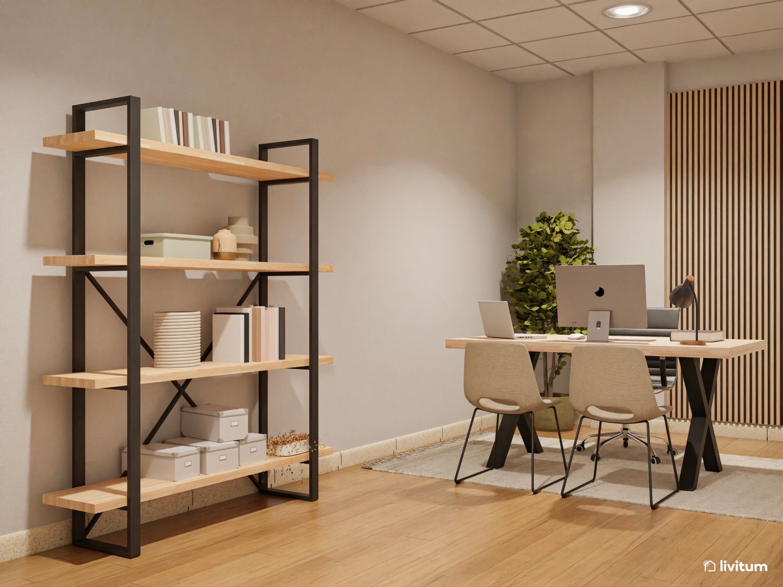 Una oficina muy serena en verde, madera y fibras naturales