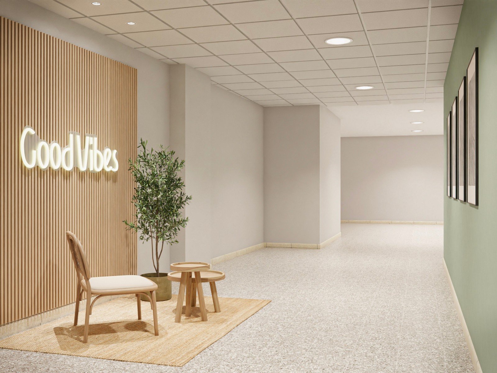 Una oficina muy serena en verde, madera y fibras naturales