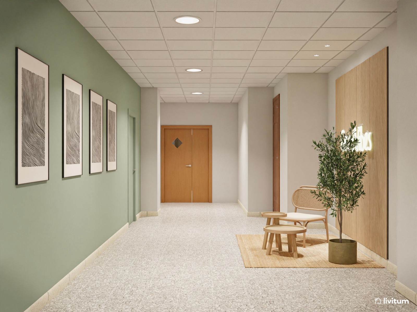 Una oficina muy serena en verde, madera y fibras naturales