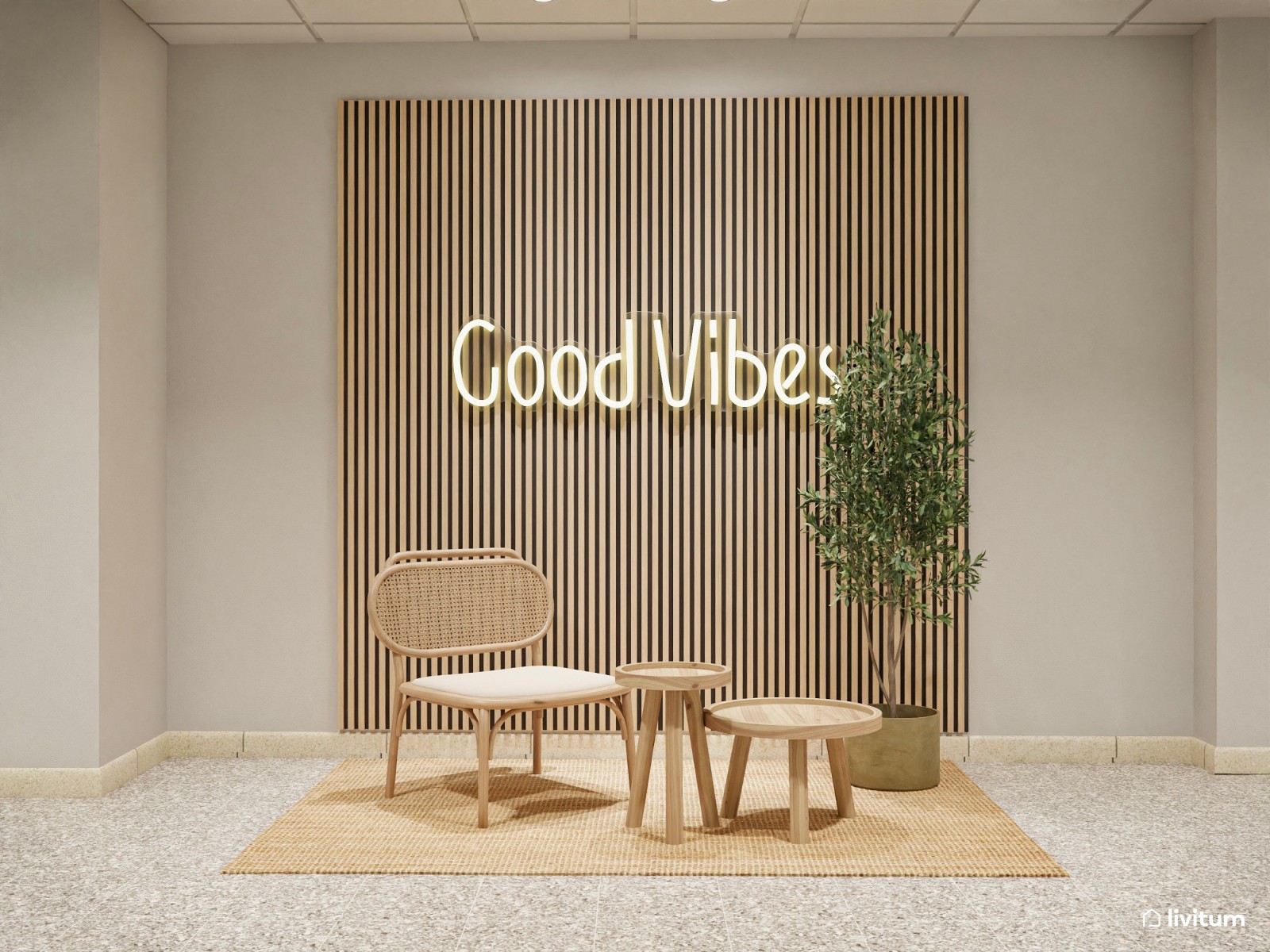 Una oficina muy serena en verde, madera y fibras naturales