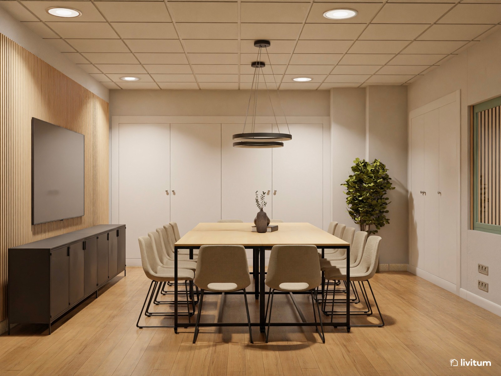 Una oficina muy serena en verde, madera y fibras naturales