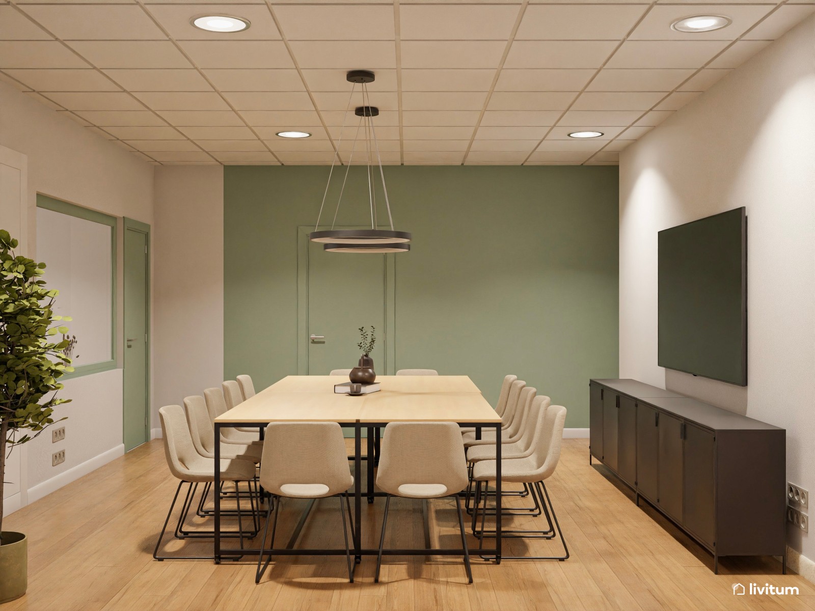 Una oficina muy serena en verde, madera y fibras naturales