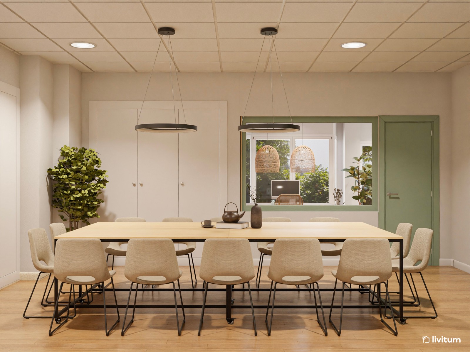 Una oficina muy serena en verde, madera y fibras naturales