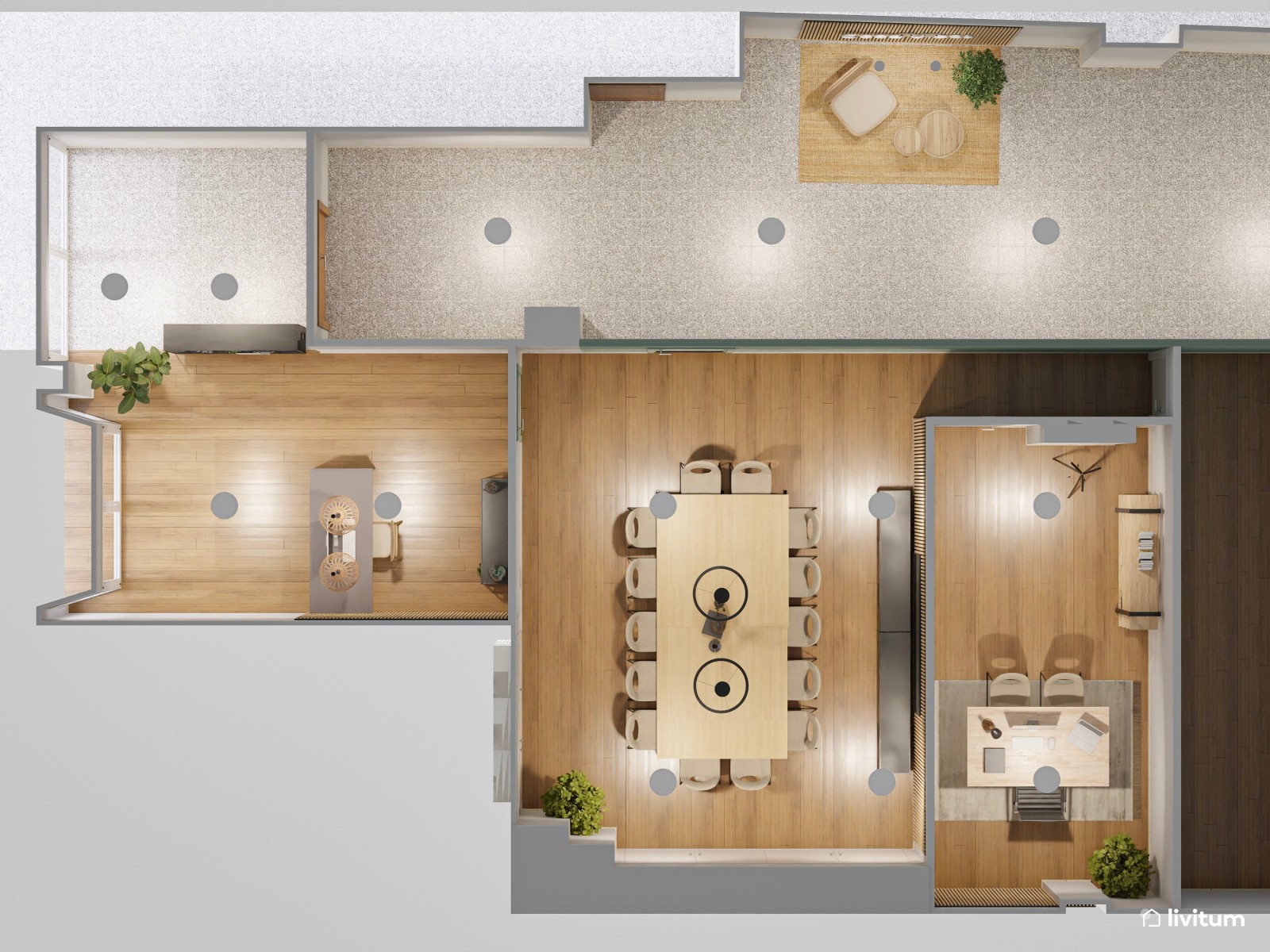 Una oficina muy serena en verde, madera y fibras naturales