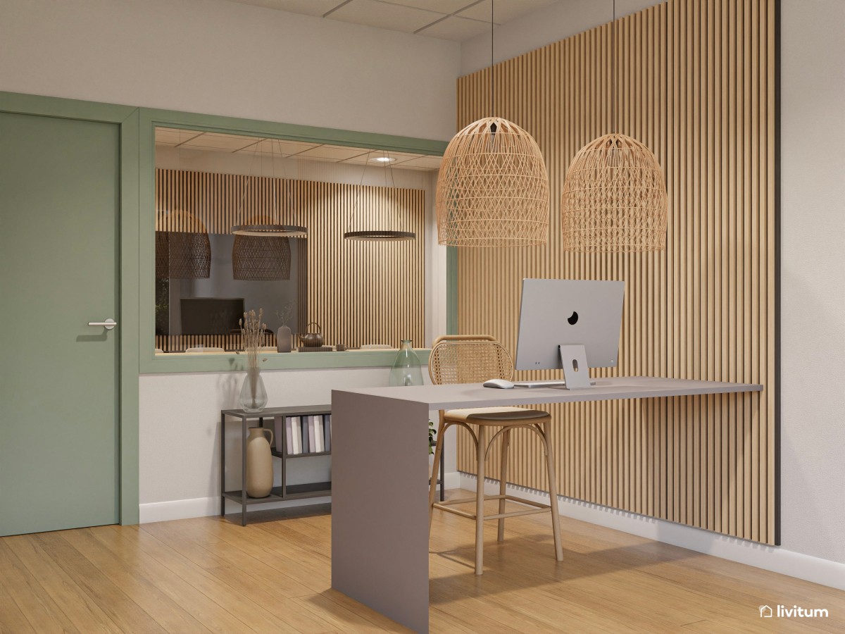 Una oficina muy serena en verde, madera y fibras naturales