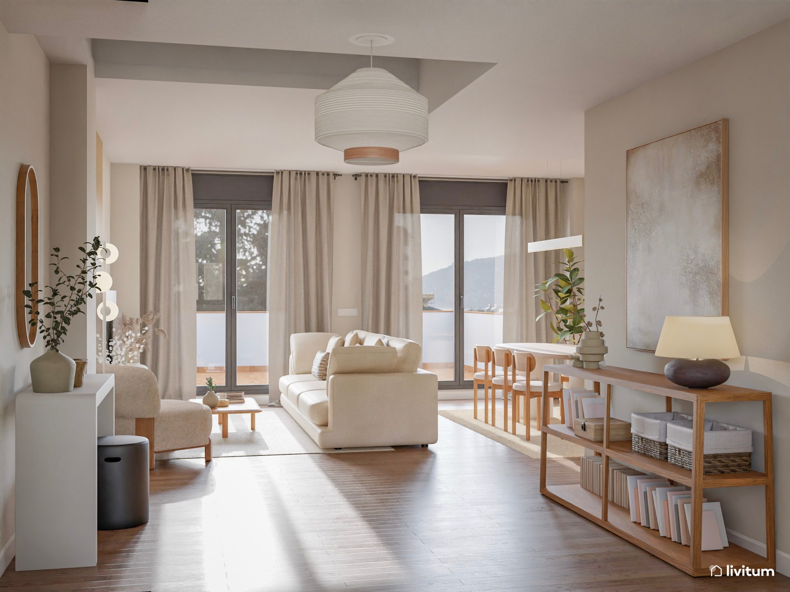 Una sala muy luminosa con muebles bajos y detalles vanguardistas