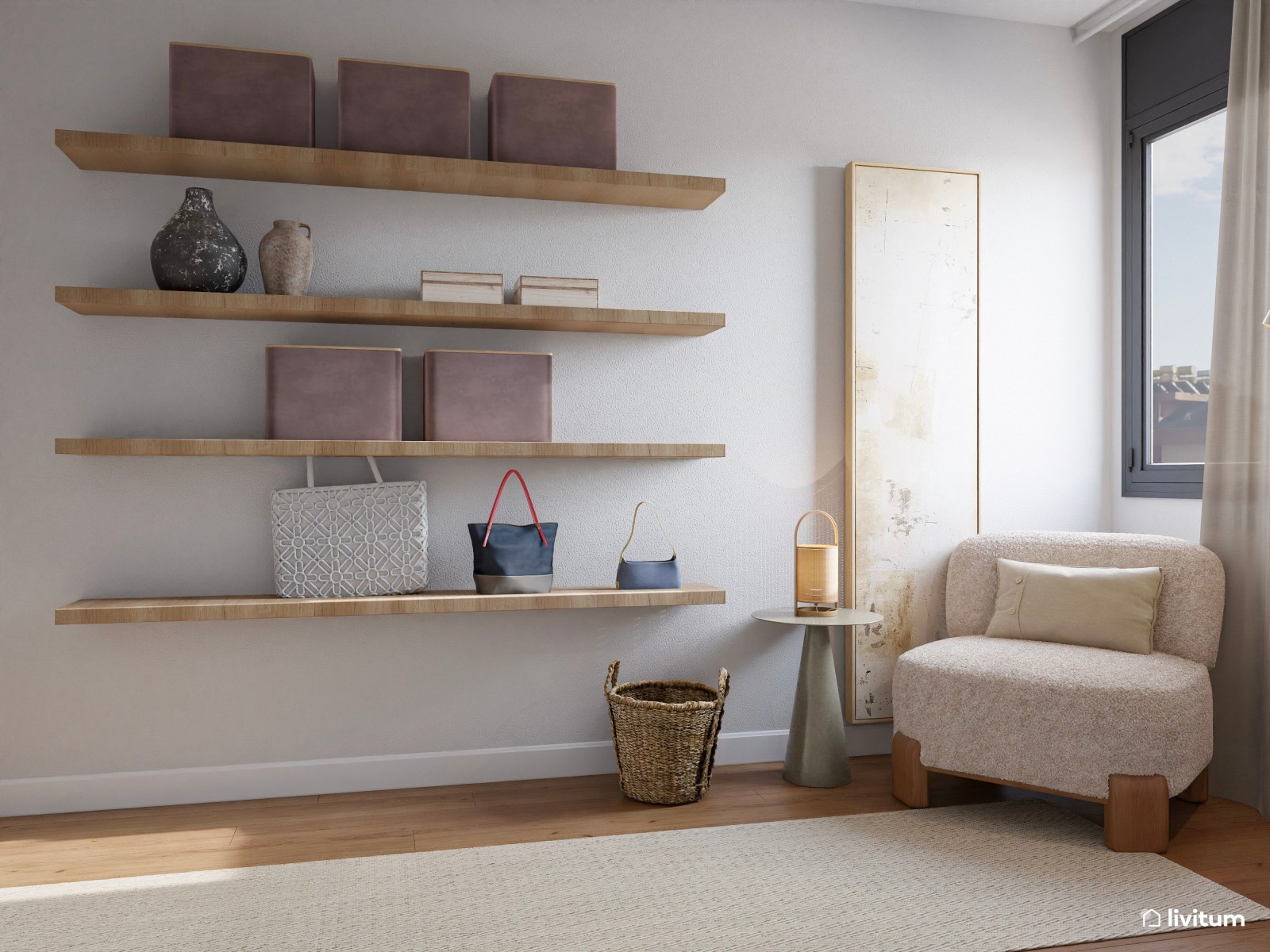 Vestidor moderno con módulos de madera y butaca beige