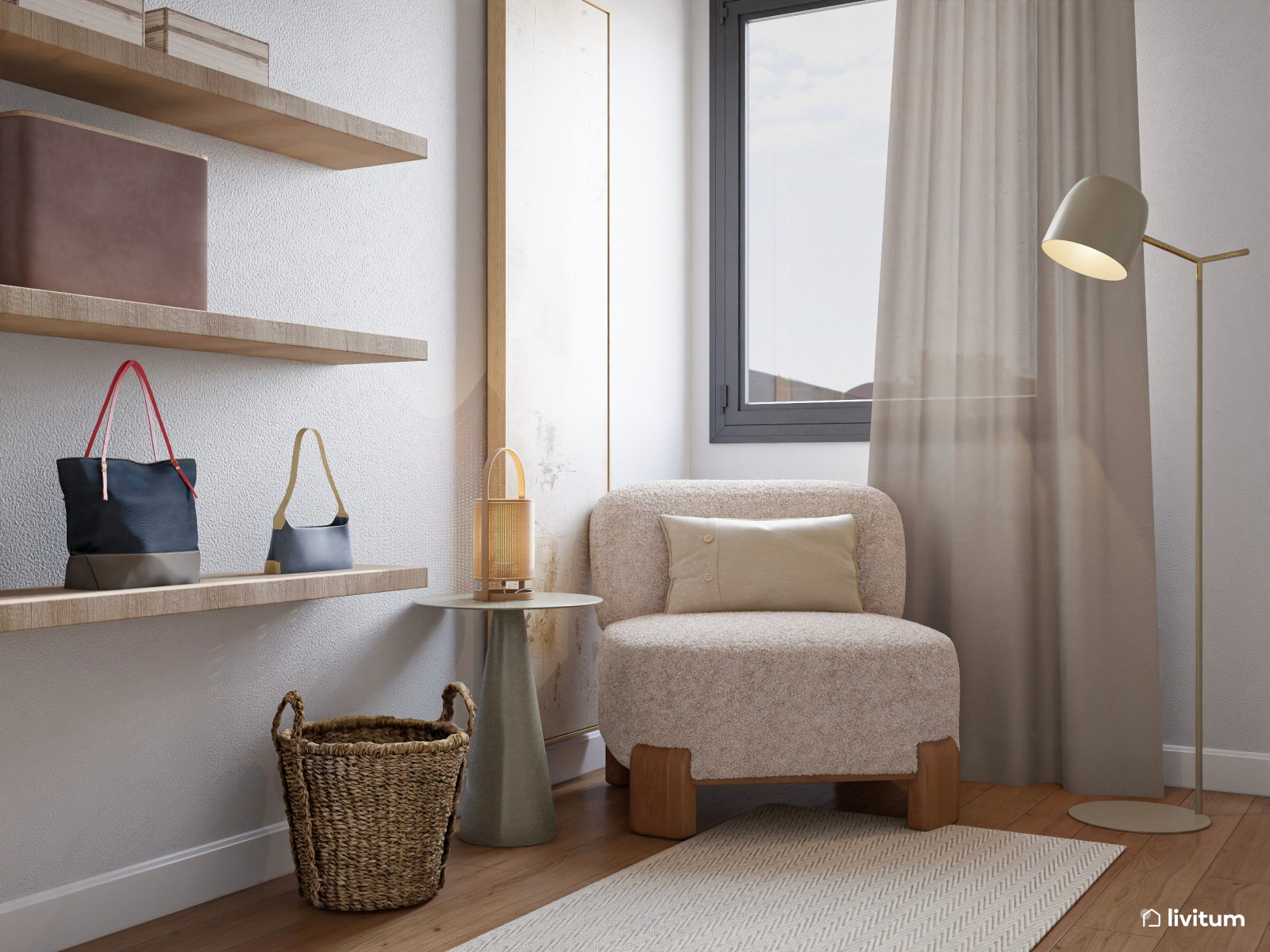 Vestidor moderno con módulos de madera y butaca beige