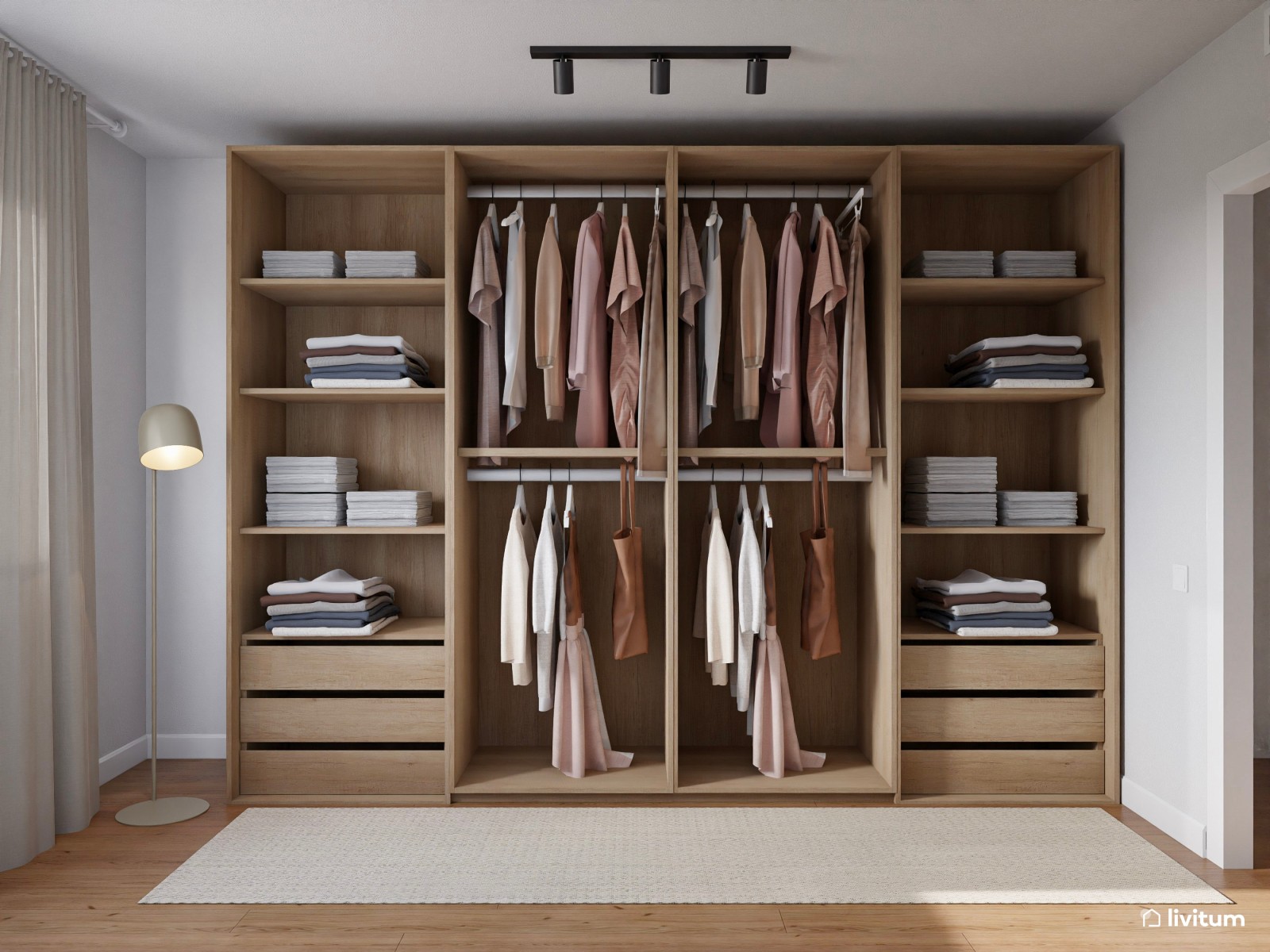 Vestidor moderno con módulos de madera y butaca beige