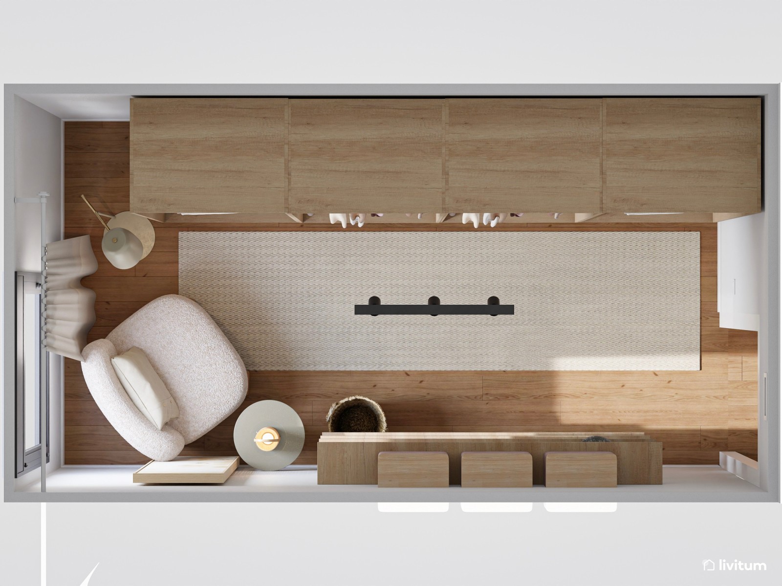 Vestidor moderno con módulos de madera y butaca beige