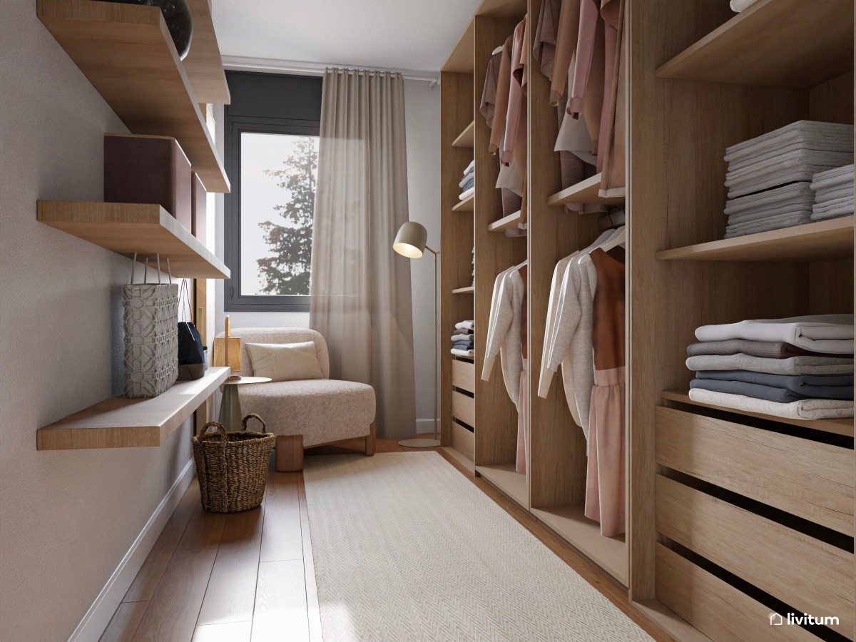 Vestidor moderno con módulos de madera y butaca beige