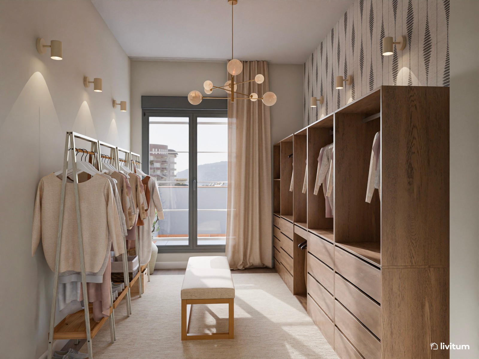 Vestidor nórdico de madera con pared revestida en papel pintado