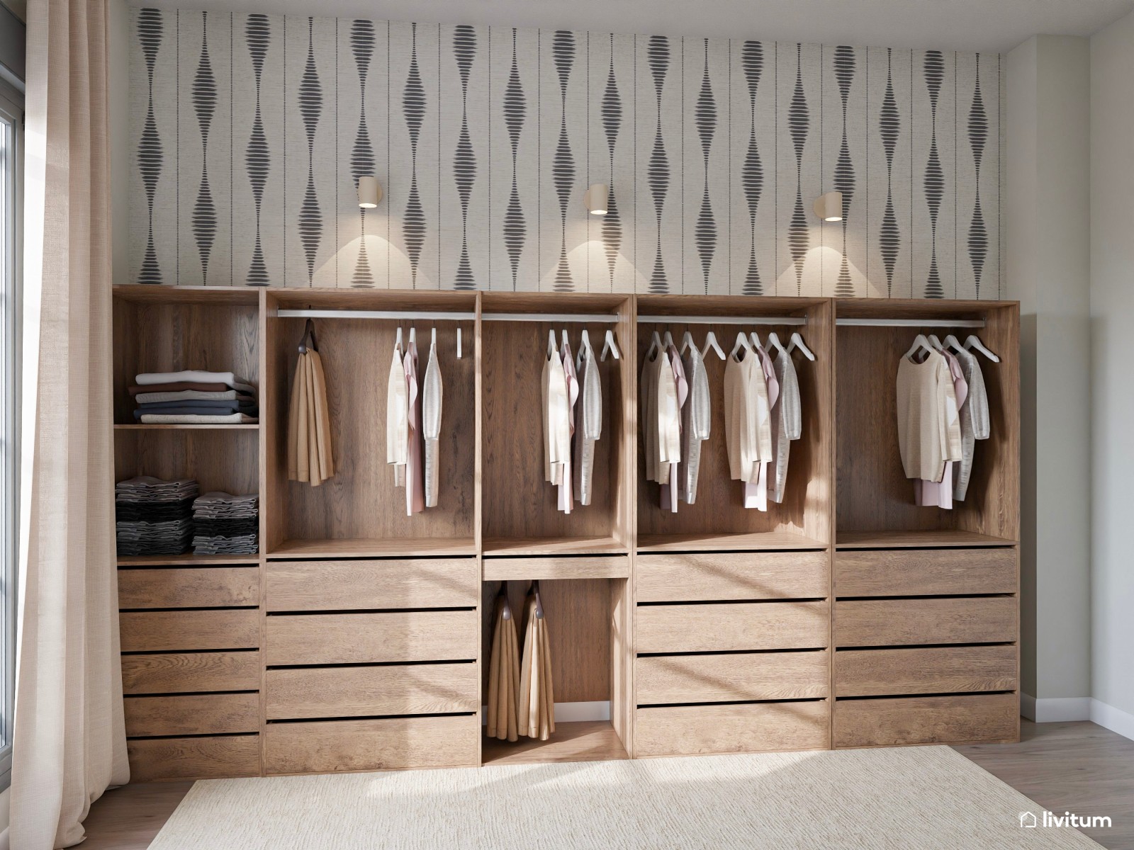 Vestidor nórdico de madera con pared revestida en papel pintado