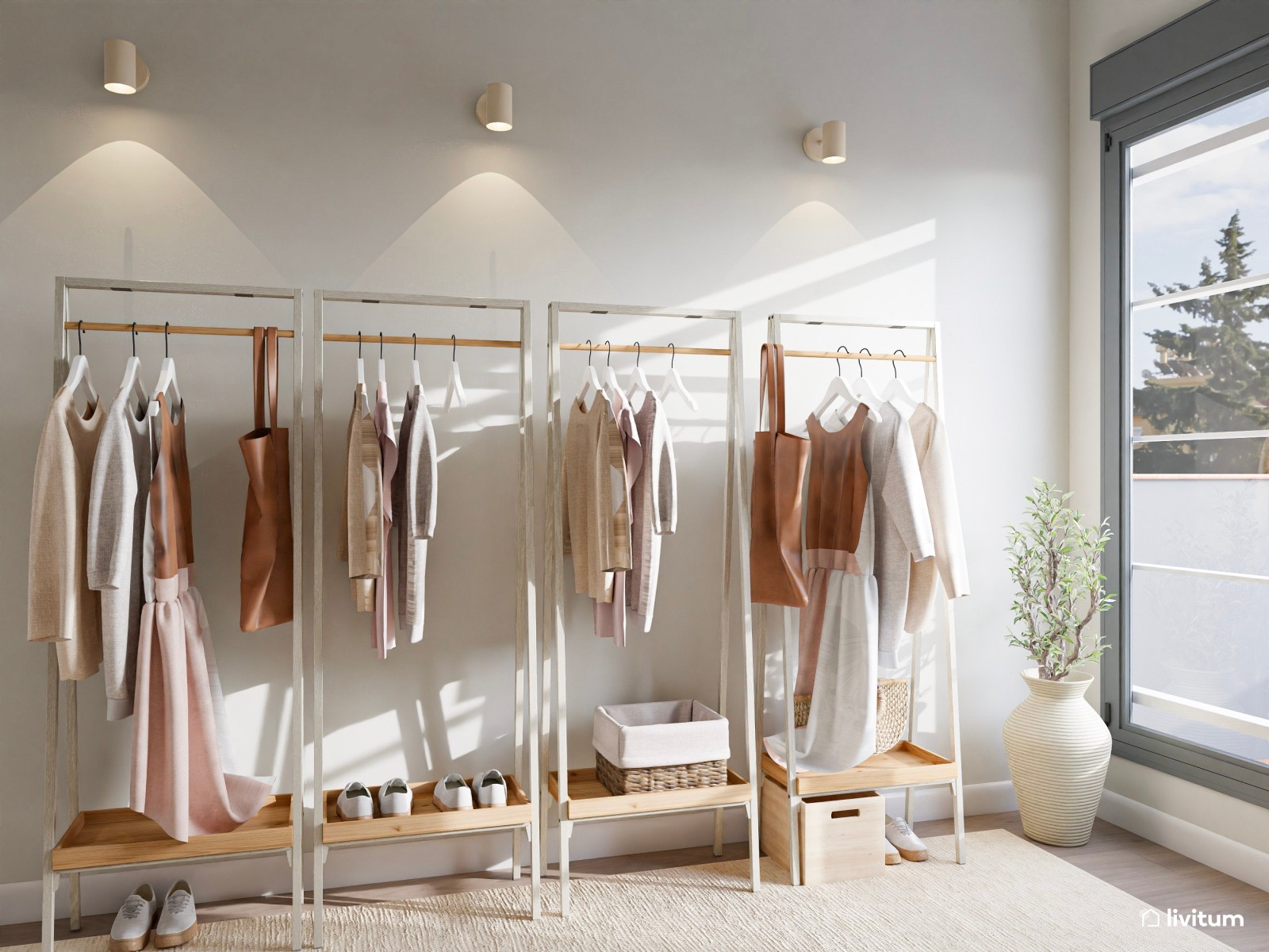 Vestidor nórdico de madera con pared revestida en papel pintado