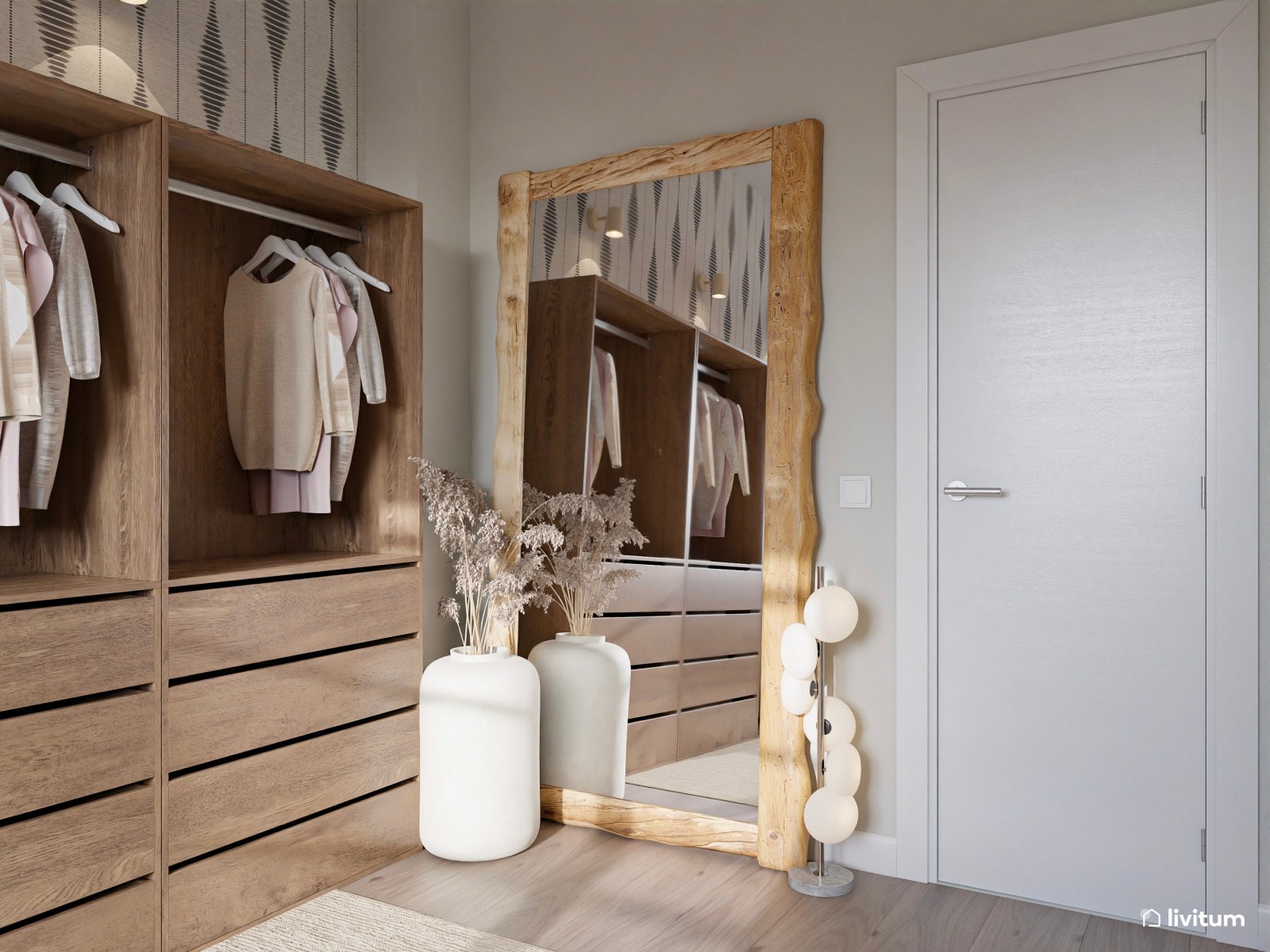 Vestidor nórdico de madera con pared revestida en papel pintado