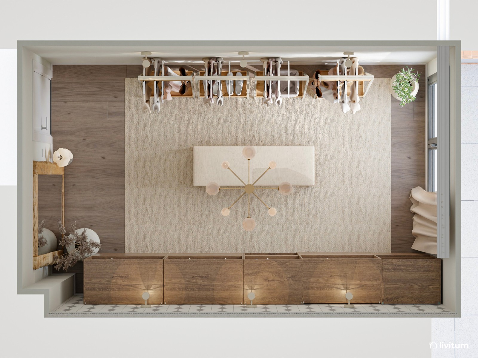 Vestidor nórdico de madera con pared revestida en papel pintado