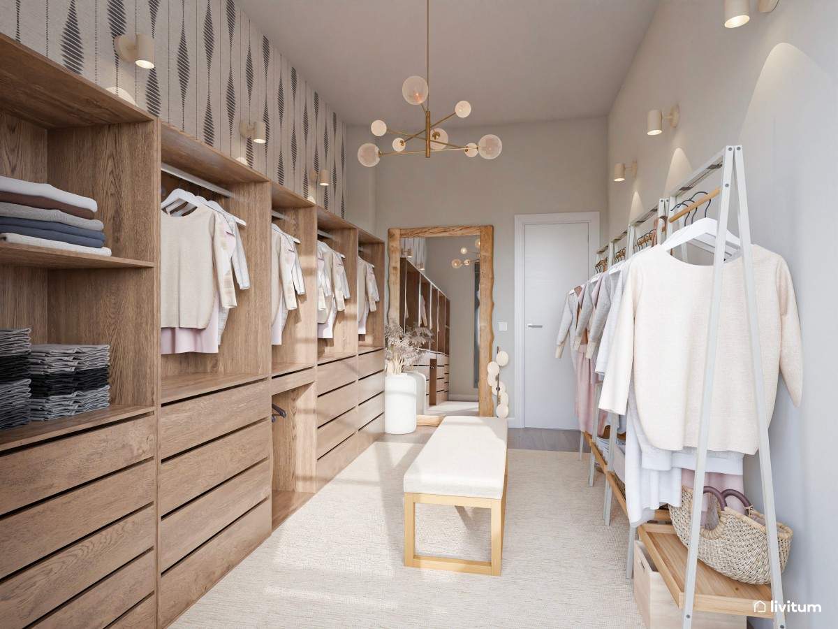 Vestidor nórdico de madera con pared revestida en papel pintado