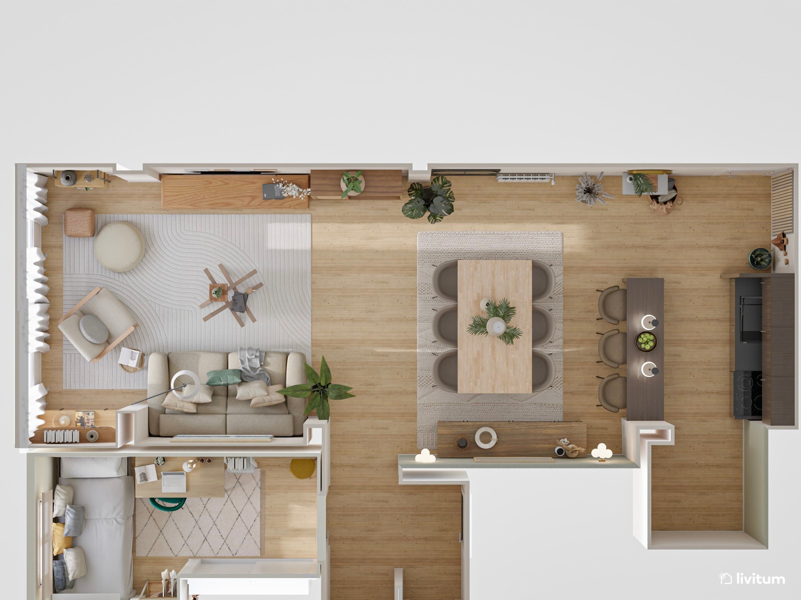 Vivienda completa: un piso moderno y elegante con cocina abierta 