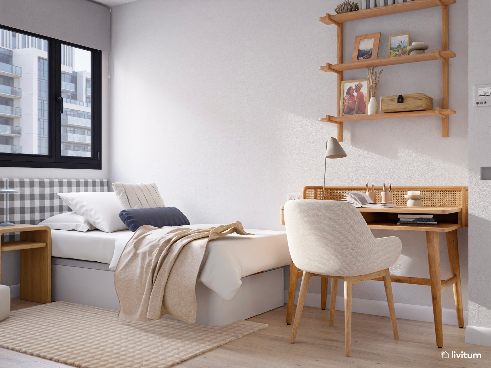 Vivienda de alquiler de estilo nórdico con interiorismo sereno y terraza agradable