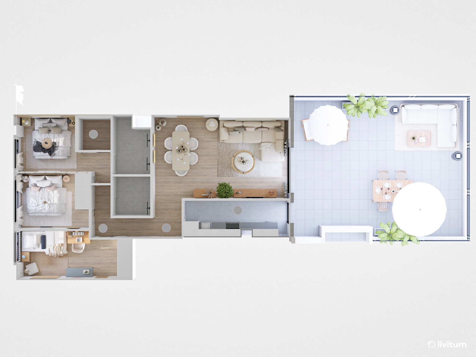 Vivienda de alquiler de estilo nórdico con interiorismo sereno y terraza agradable