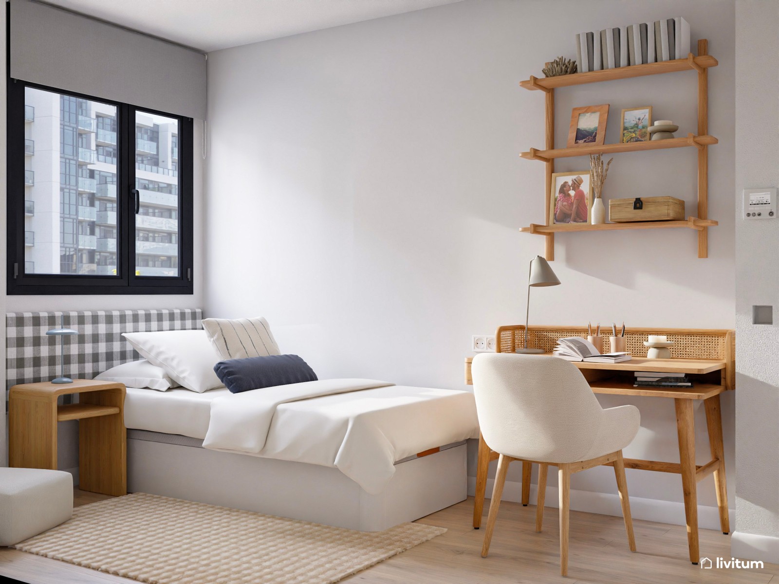 Vivienda de alquiler de estilo nórdico con interiorismo sereno y terraza agradable