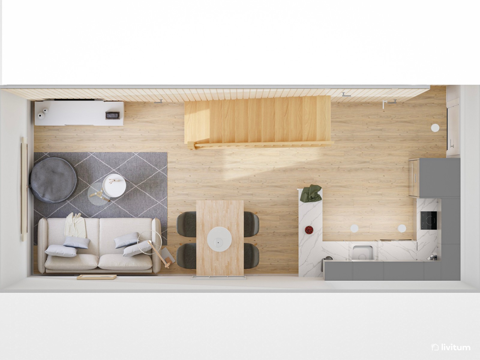 Vivienda de alquiler pequeña decorada en madera y tonos grises