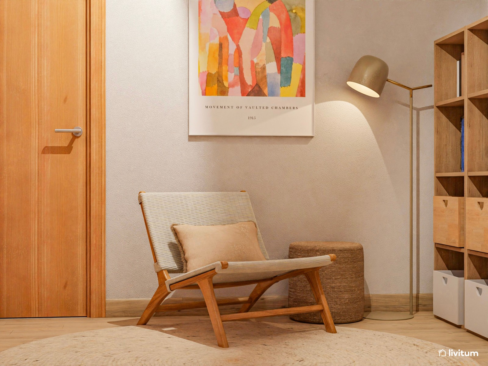 Zona de lectura decorada con madera y fibras naturales