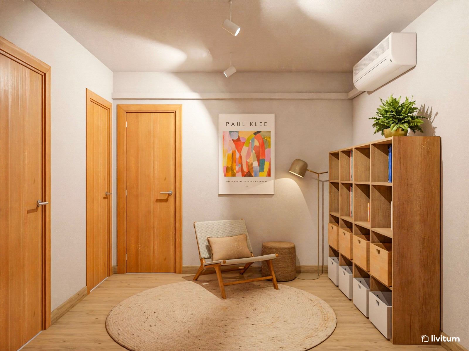 Zona de lectura decorada con madera y fibras naturales