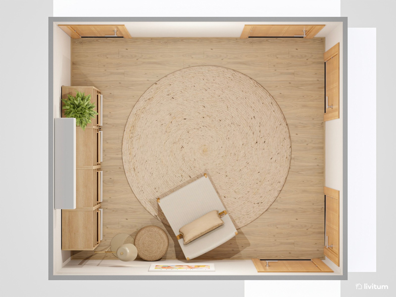 Zona de lectura decorada con madera y fibras naturales