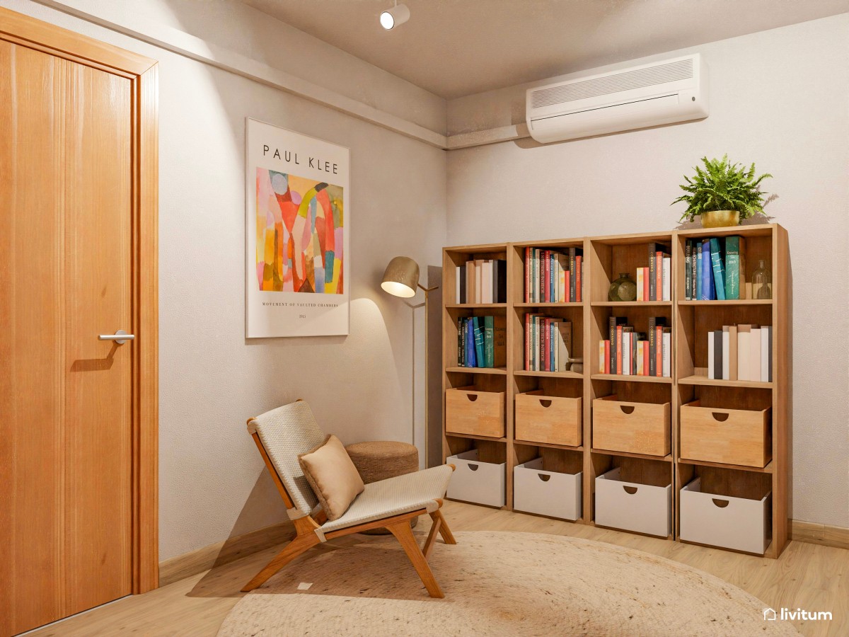 Zona de lectura decorada con madera y fibras naturales